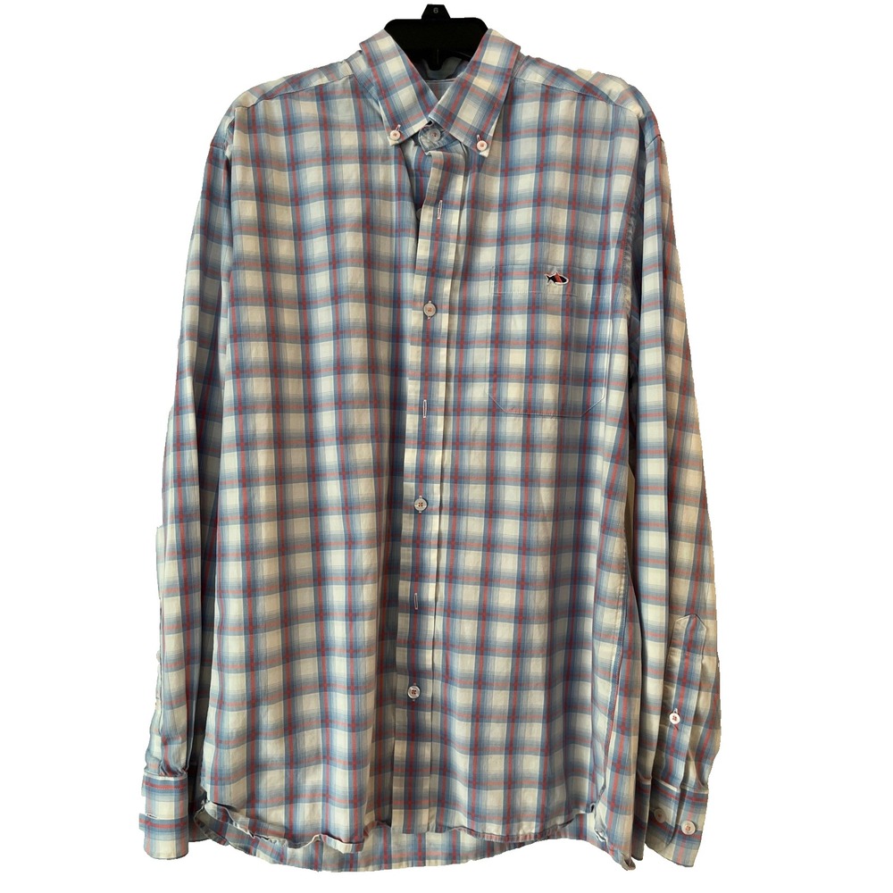 Fish Hippie Mens Tailored Fit Plaid Button Down Shirt Blue Orange Long Sleeve L